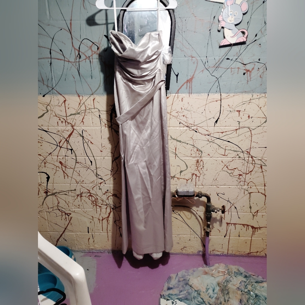 After Six Strapless Silver Gown
